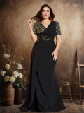 Plus Size Women Sequin Embroidered Patchwork V-Neck Short-Sleeve Elegant Evening Dress