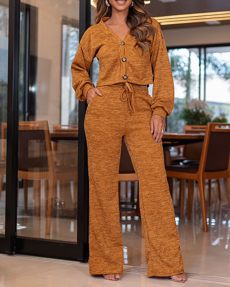 Women Autumn/Winter Long-Sleeved Top and Lace-Up Wide-Leg Trousers Two-Piece Set