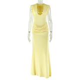 Women Pleated Sexy V-Neck Sleeveless Bodycon Dress