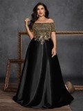 Plus Size Women Sequin Embroidered Contrast Color Off-Shoulder Short-Sleeve Elegant Evening Dress