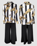 Women Long-Sleeved Shirt and Floral Wide-Leg Bell Bottom Pant Two-Piece Set (No Belt)
