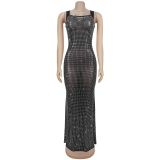 Women Sexy Mesh Beaded Backless Dress