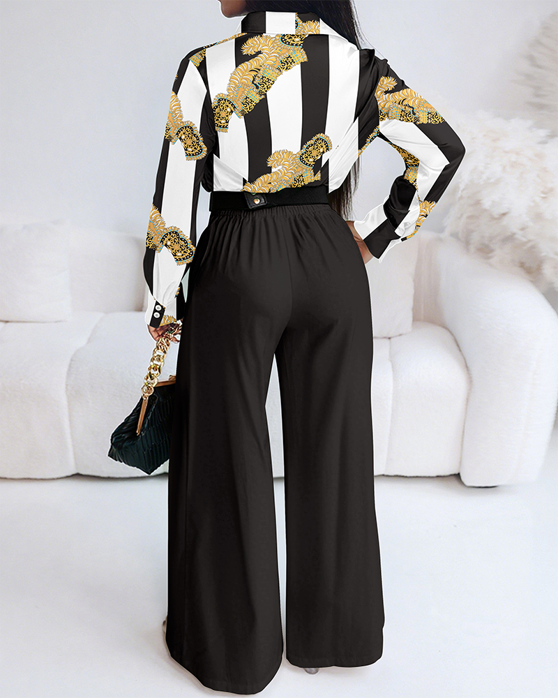 Women Long-Sleeved Shirt and Floral Wide-Leg Bell Bottom Pant Two-Piece Set (No Belt)