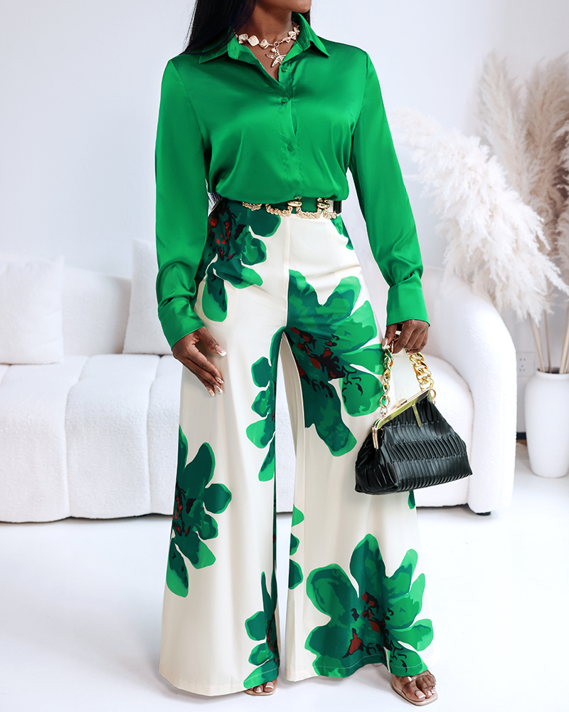 Women Long-Sleeved Shirt and Floral Wide-Leg Bell Bottom Pant Two-Piece Set (No Belt)