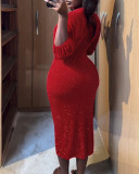 Women Red Velvet Beaded Lantern-Sleeved V-Neck Maxi Dress