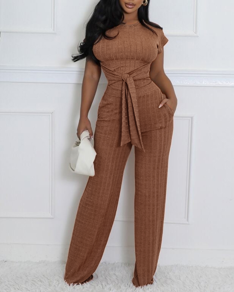 Women Round-Neck Ribbed Lace-Up Two-Piece Set
