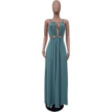 Women Sleeveless Hollow Backless Solid Maxi Dress