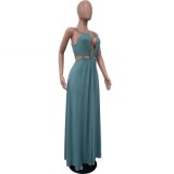 Women Sleeveless Hollow Backless Solid Maxi Dress