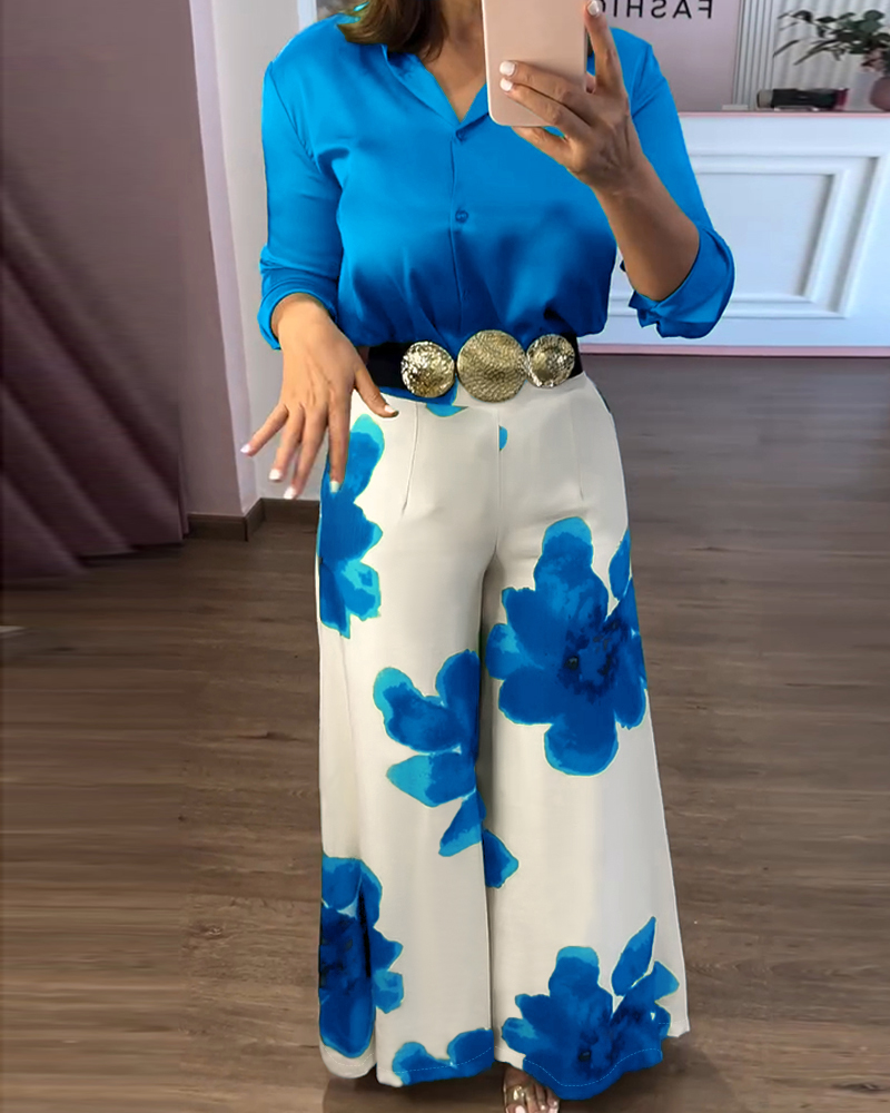 Women Long-Sleeved Shirt and Floral Wide-Leg Bell Bottom Pant Two-Piece Set (No Belt)