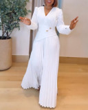 Women Solid V-Neck Puff Sleeve Pleated Button Patchwork Casual Dress