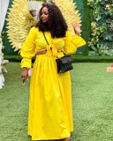 Women Sexy Two-Piece Solid Turndown Collar Bell Bottom Sleeve Shirt and Skirt Two-Piece Set