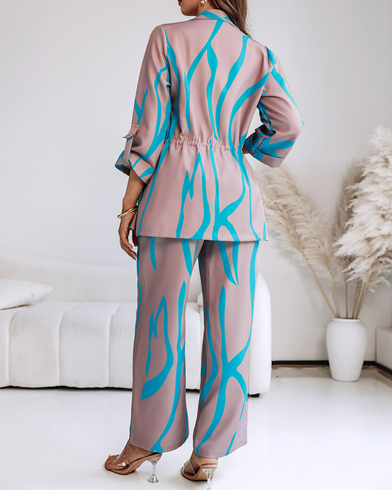 Women Printed Contrast Striped Top and Wide-Leg Trousers Two-Piece Set