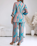 Women Printed Contrast Striped Top and Wide-Leg Trousers Two-Piece Set