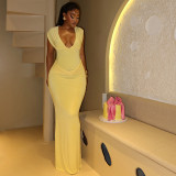 Women Pleated Sexy V-Neck Sleeveless Bodycon Dress