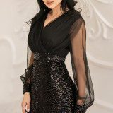 Women V-Neck Mesh Patchwork Dress