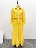 Women Sexy Two-Piece Solid Turndown Collar Bell Bottom Sleeve Shirt and Skirt Two-Piece Set