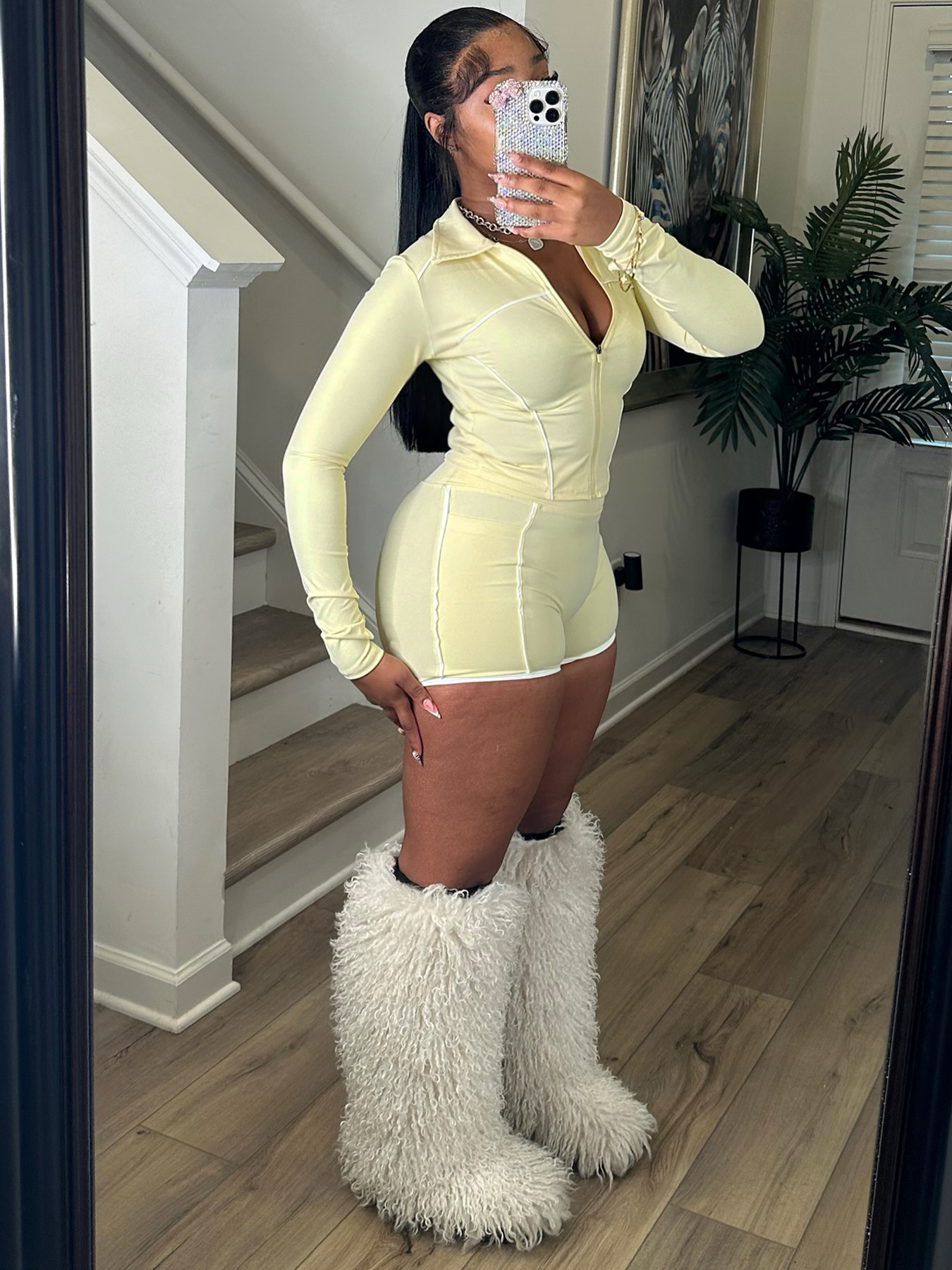 Women Zippered Long-Sleeved Thumb-Click Athletic Two-Piece Top and Shorts