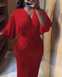 Women Red Velvet Beaded Lantern-Sleeved V-Neck Maxi Dress