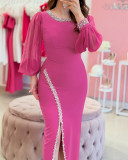 Women Rose Pearl Lantern Sleeve Dress