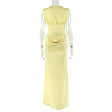 Women Pleated Sexy V-Neck Sleeveless Bodycon Dress