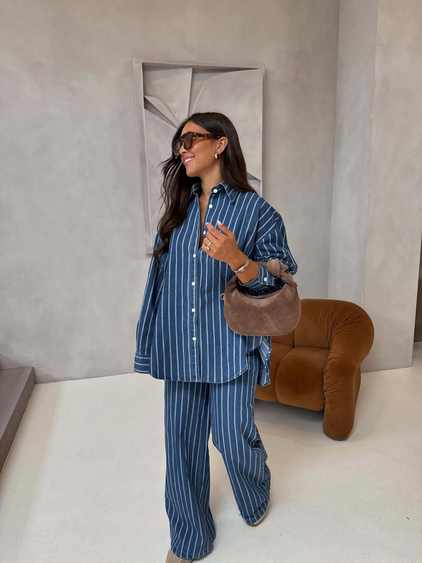 Plus Size African Women Long Sleeve Casual Turndown Collar Striped Shirt and Pants Two-Piece Set