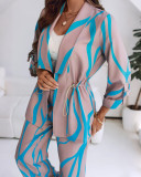 Women Printed Contrast Striped Top and Wide-Leg Trousers Two-Piece Set