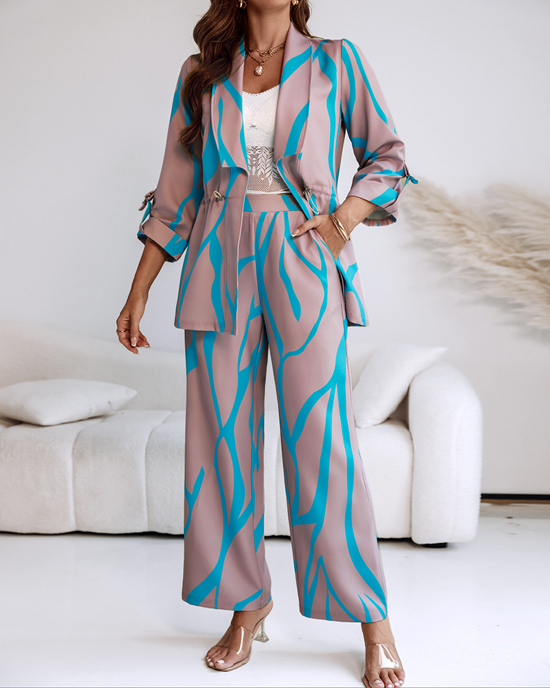 Women Printed Contrast Striped Top and Wide-Leg Trousers Two-Piece Set
