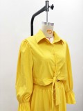 Women Sexy Two-Piece Solid Turndown Collar Bell Bottom Sleeve Shirt and Skirt Two-Piece Set