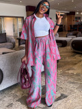 Plus Size African Women Turndown Collar Print Shirt and Wide-Leg Pants Two-Piece Set