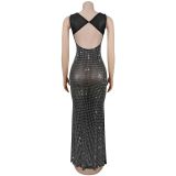 Women Sexy Mesh Beaded Backless Dress