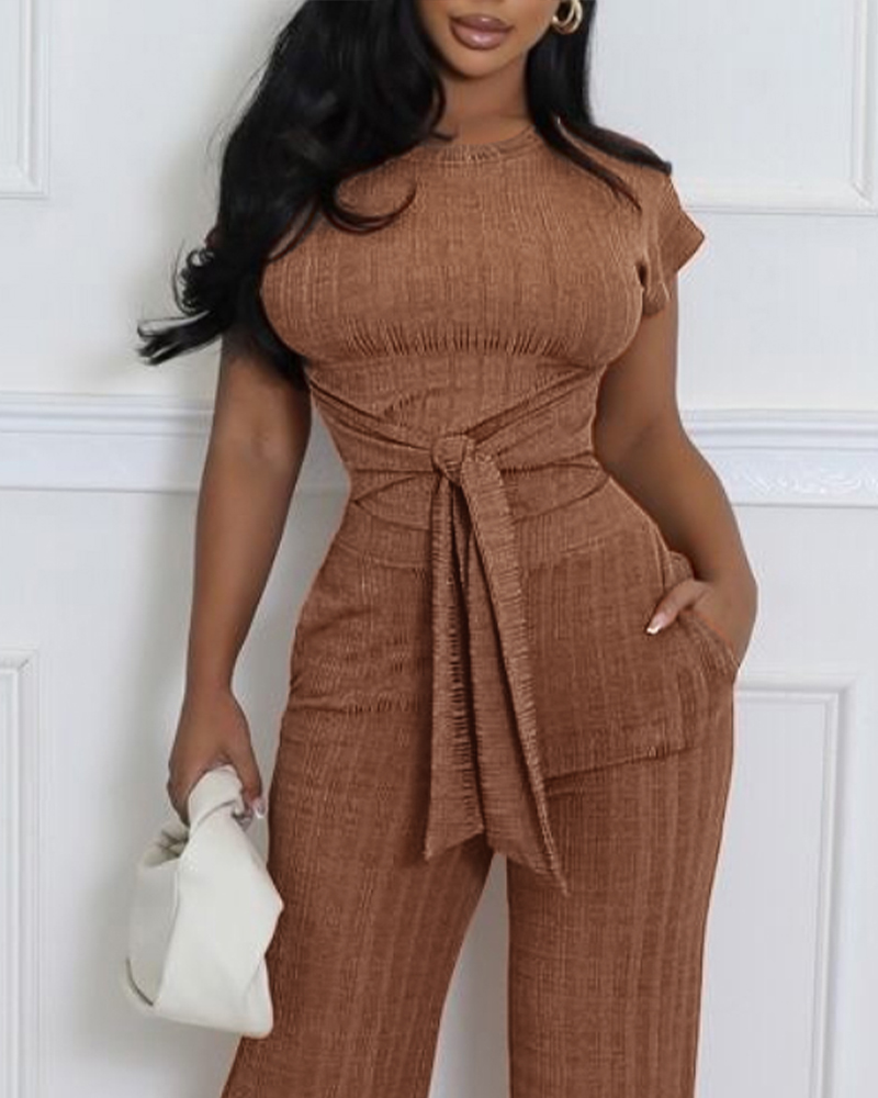 Women Round-Neck Ribbed Lace-Up Two-Piece Set