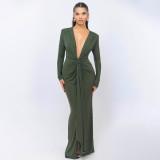 Women Sexy V-Neck Gathered Lace-Up Long-Sleeved Bodycon Maxi Dress