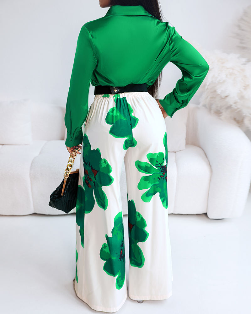 Women Long-Sleeved Shirt and Floral Wide-Leg Bell Bottom Pant Two-Piece Set (No Belt)