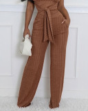 Women Round-Neck Ribbed Lace-Up Two-Piece Set