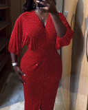 Women Red Velvet Beaded Lantern-Sleeved V-Neck Maxi Dress