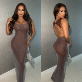 Women Sexy Mesh Beaded Backless Dress