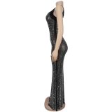 Women Sexy Mesh Beaded Backless Dress