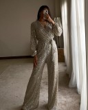 Women Solid V-Neck Long-Sleeved Sequin Jumpsuit
