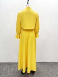 Women Sexy Two-Piece Solid Turndown Collar Bell Bottom Sleeve Shirt and Skirt Two-Piece Set