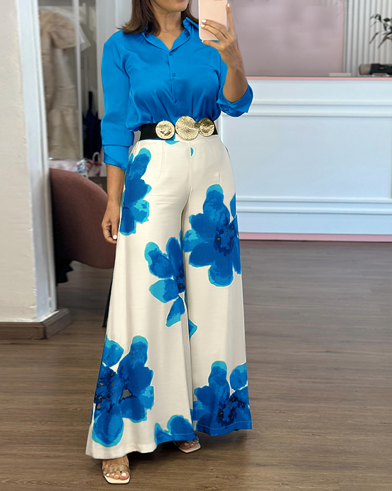 Women Long-Sleeved Shirt and Floral Wide-Leg Bell Bottom Pant Two-Piece Set (No Belt)