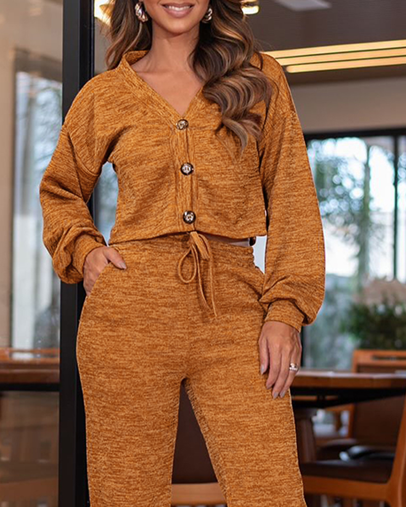 Women Autumn/Winter Long-Sleeved Top and Lace-Up Wide-Leg Trousers Two-Piece Set