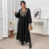 Plus Size Women's Floral Print High-Waist Slim Fit Black Ruffle Dress
