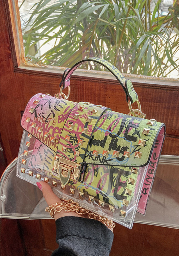 Women's Graffiti Print Transparent Chain Strap Jelly Bag