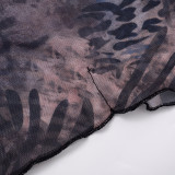 Women's Leopard Print Mesh Slash-Shoulder Long Sleeve Top + Tight-Fitting Short Skirt Two-Piece Set