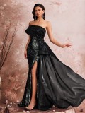 Women's Elegant Sequin Patchwork Strapless Off-Shoulder Evening Dress Bridesmaid Gown