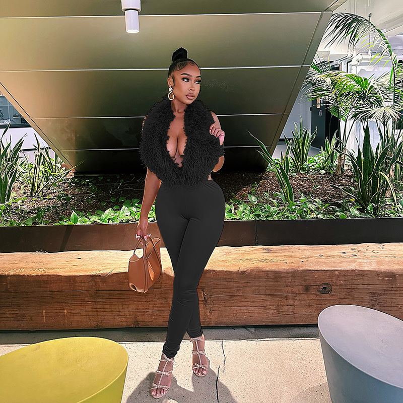 Women's Plush Halter Neck Deep Low Back Lace-Up Tight-Fitting Pants Set