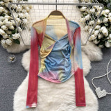 Women's Tie-Dye Mesh Long Sleeve T-Shirt Thin See-Through Chic Ruffle Top