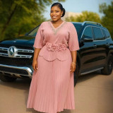Women's African Pleated Plus Size Fashion Casual Loose Rhinestone Top & Skirt Two-Piece Set