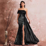 Women's Elegant Sequin Patchwork Strapless Off-Shoulder Evening Dress Bridesmaid Gown