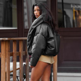 Women's Winter Street-Style Designed Leather Stand Collar Loose Cotton-padded Coat